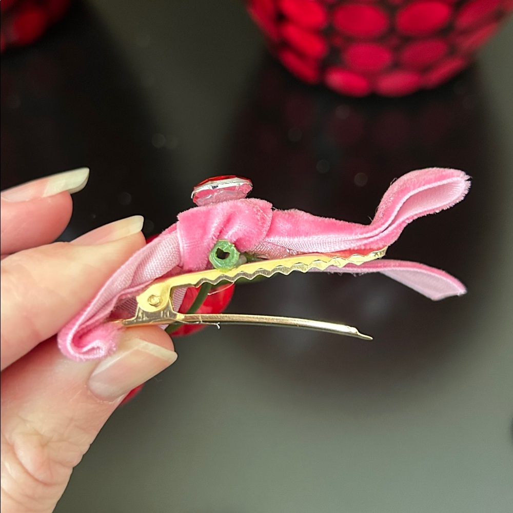 It Girl Pink Cherry Hair Clips with Velvet Ribbon Bow Set of 2 Barrettes New - Picture 4 of 9